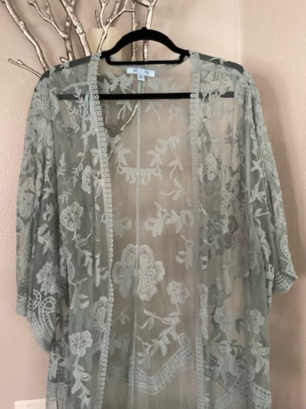 She + Sky light blue green lace wrap, long cardigan, top, size S/M